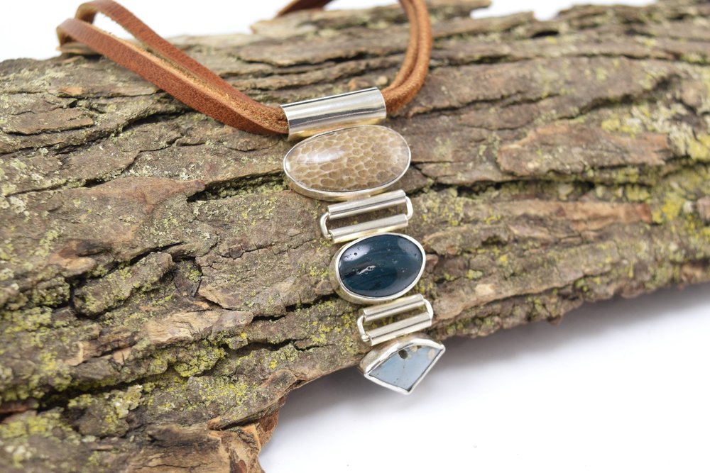 Triple Beach Stone Pendant With Leland Blue & Fossil Coral
